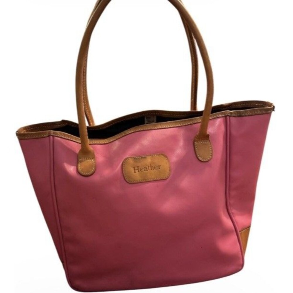 Jon Hart Medium Holiday Purse Tote Bag Pink Canvas Leather Trim Mono Heather